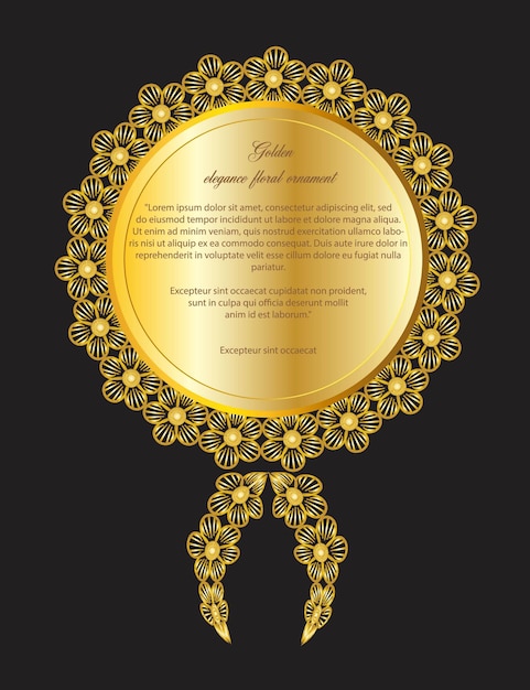 Golden elegant floral ornament frame invitation card background design vector on solid black color b