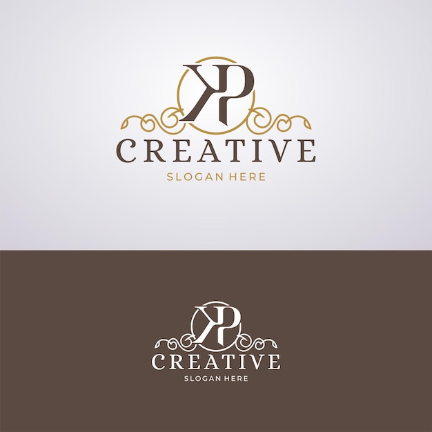 Elegante logo k e p iniziale dorato con cornice ornamentale