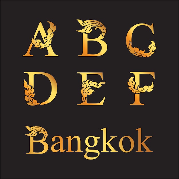 Lettera elegante dorata a, b, c, d, e, f con elementi di arte thailandese.