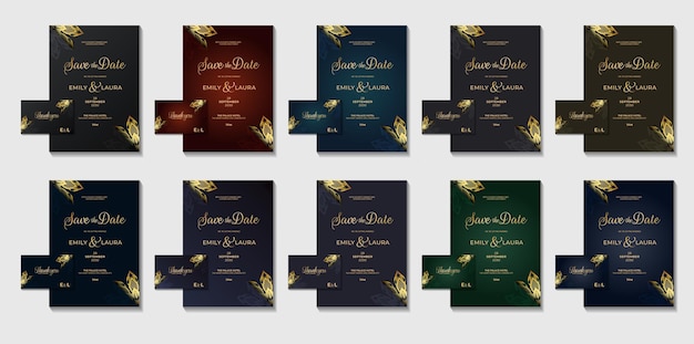 黄金の要素の幾何学的なイラストの結婚式の招待状エレガントで豪華なロイヤル カード オリエンタル セット コレクション メガ バンドルの黄金の要素の幾何学的なデザイン カラー バリエーション フライヤー カード