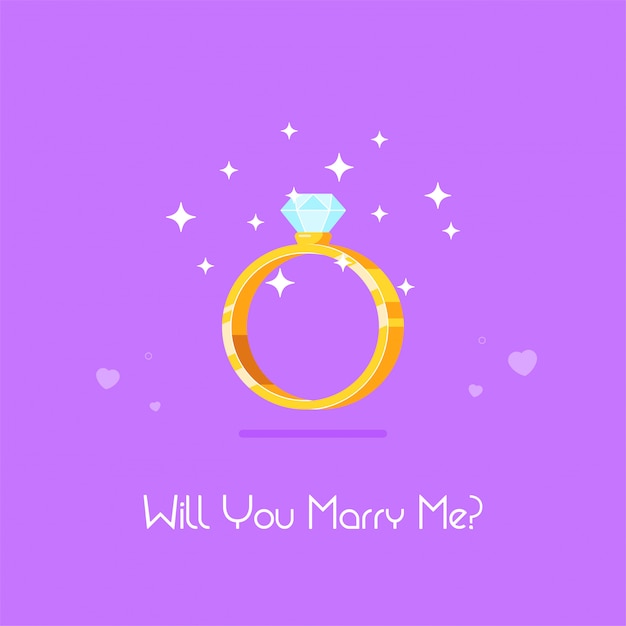 Golden engagement ring with diamond. wedding proposal and love concept. flat style vector illustration.