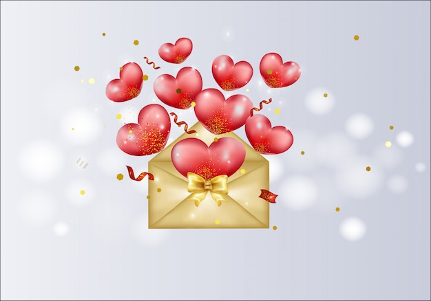 Golden envelope with red hearts, confetti, lights, sparkles. love valentines greeting card.