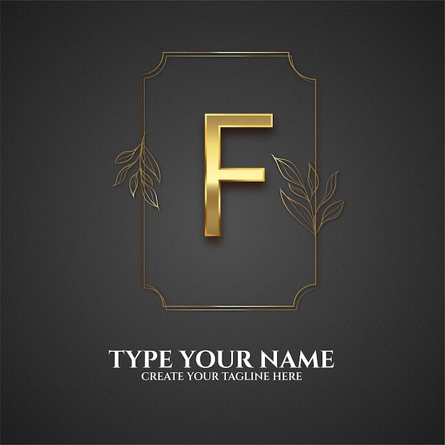 Golden f letter logo template with leaf line art style