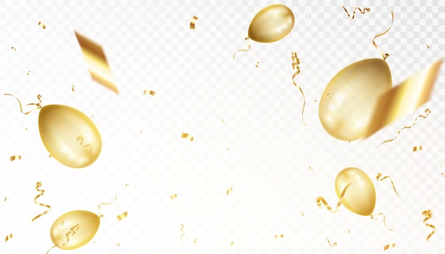金色のコンフェッティと風船が落ちる 輝く金色のストライマーが落下する 明るい金色の祝賀の飾り