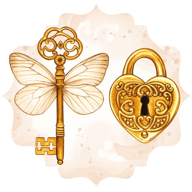 Vector golden fantasy victorian key with butterfly wings and heart shaped lock