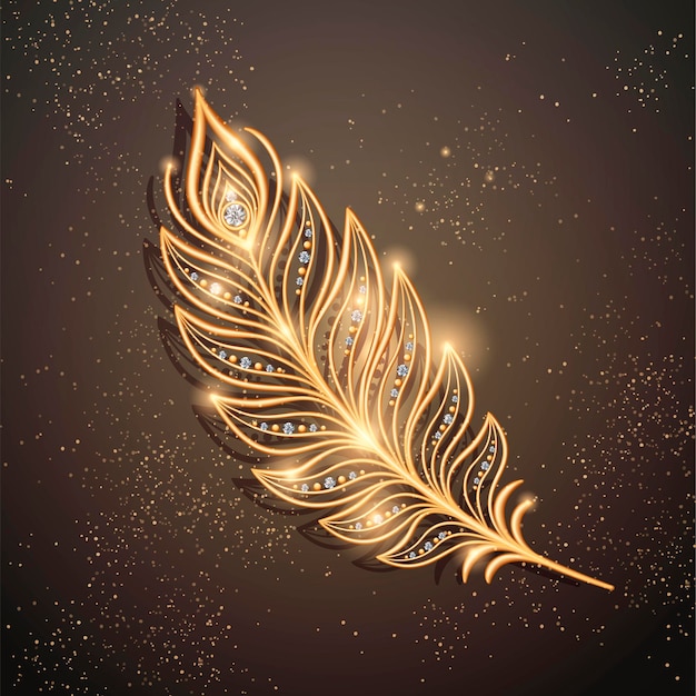 Golden feather brooch decorations with diamonds on sparkling brown in 3d style