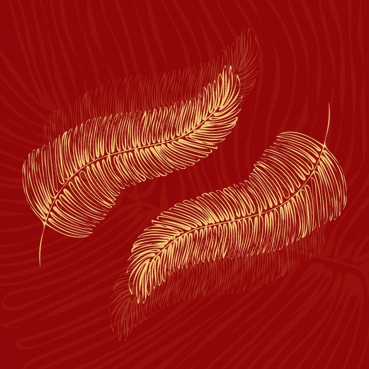 Vector golden feathers on red background