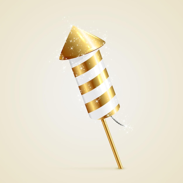 Golden fireworks rocket with sparkling stars on beige background, illustration.