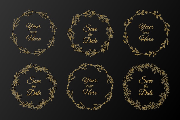 Golden floral frame collection. Hand drawn gold flower border