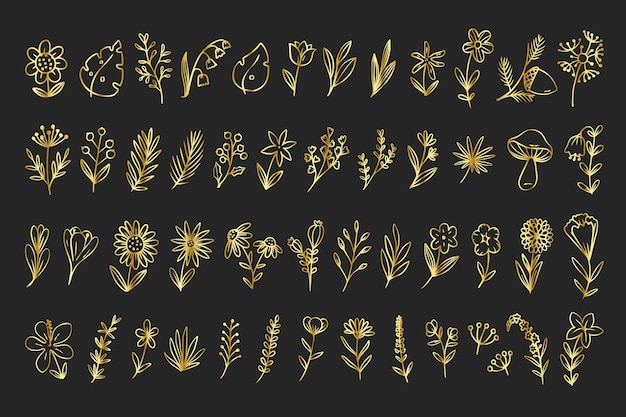 Golden floral icon hand drawn collection