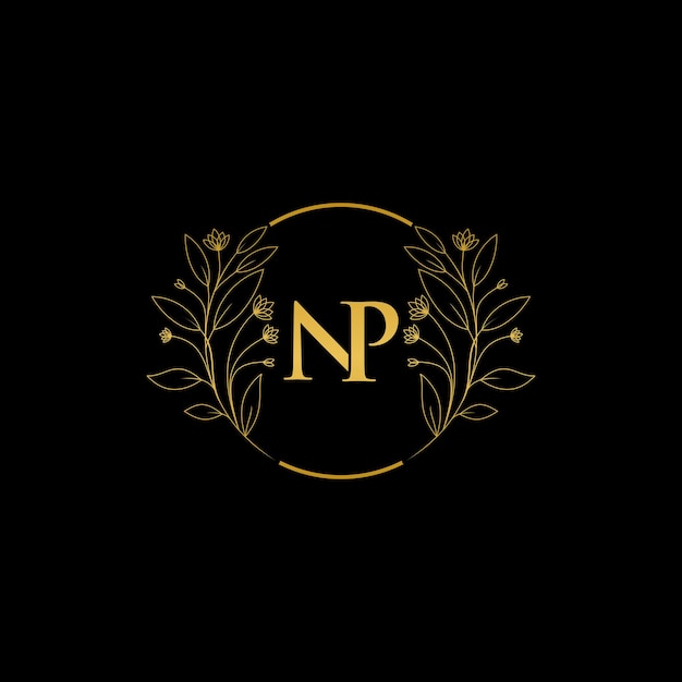 Vector golden floral letter n and p logo icon luxury alphabet font initial design isolated on black background