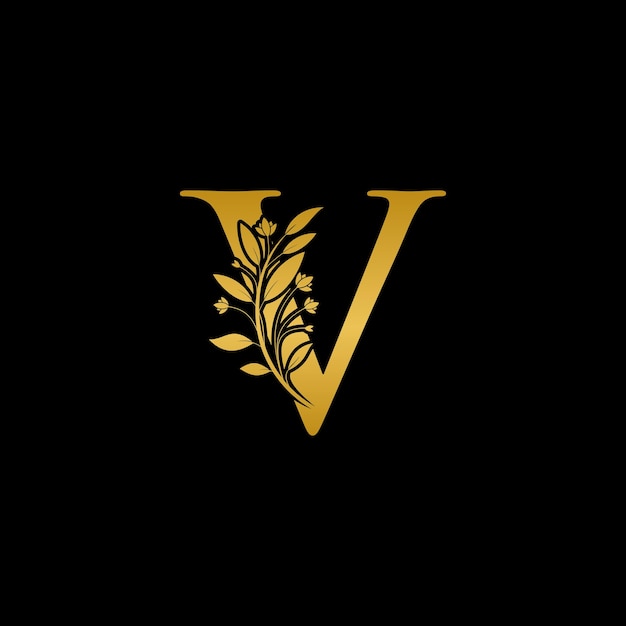 Vettore icona del logo v con lettera floreale dorata design iniziale del carattere alfabetico di lusso isolato su sfondo nero