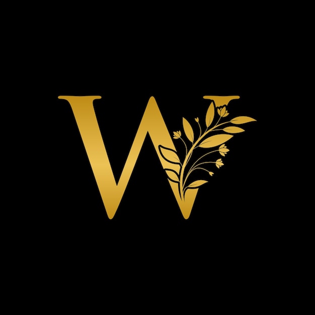 Vector golden floral letter w logo icon luxury alphabet font initial design isolated on black background