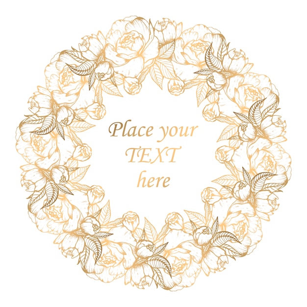 Vector golden floral wreath with peonies