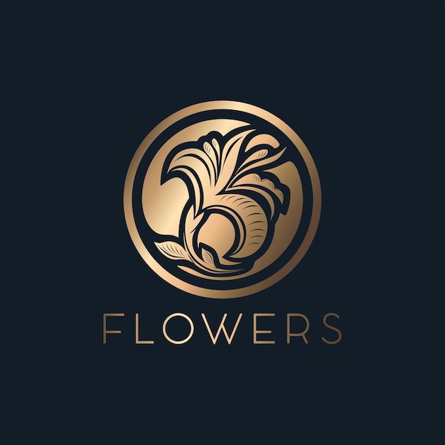 Golden flower graceful Lily in circle emblem logo Template for beauty Studio jewelry store cosmetic