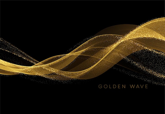 Vector golden flowing wave with sequins glitter dust on black.