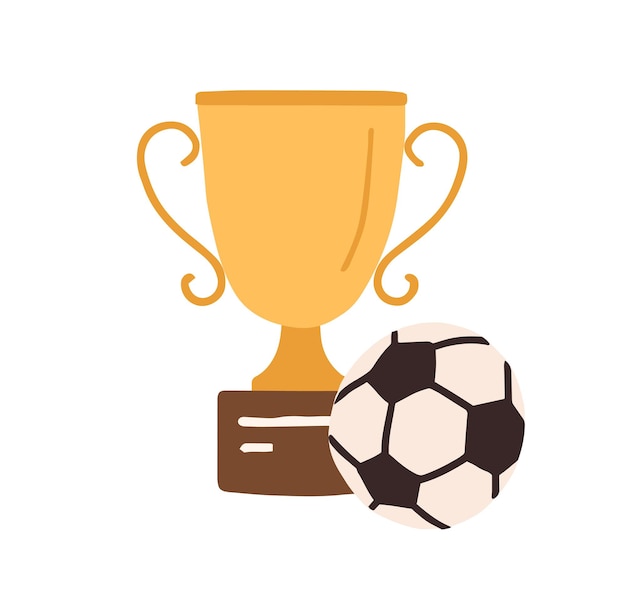 Golden football cup with soccer ball. Gold goblet on podium. Champion's trophy for first place. Winner s prize for victory. Colored flat vector illustration isolated on white background.