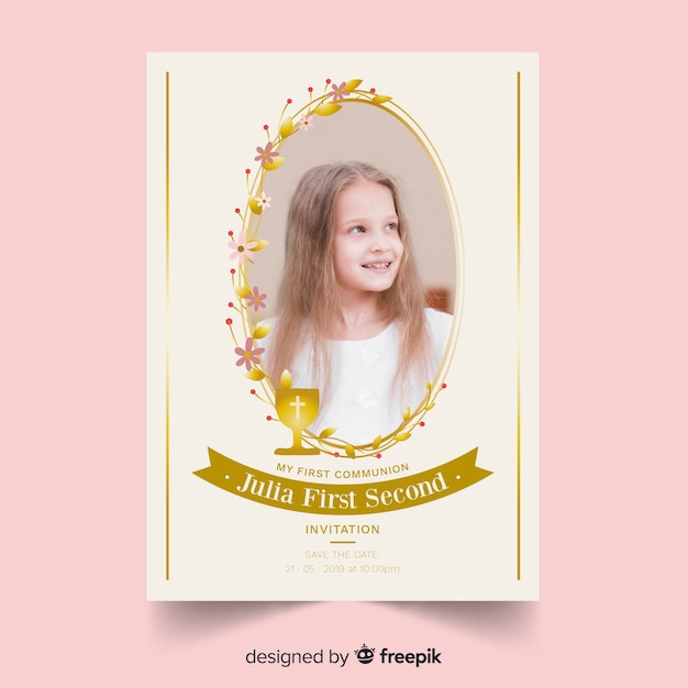 Golden frame first communion invitation