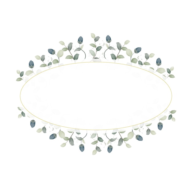 Golden frame template with watercolor blue flowers and green leaves vector illustration