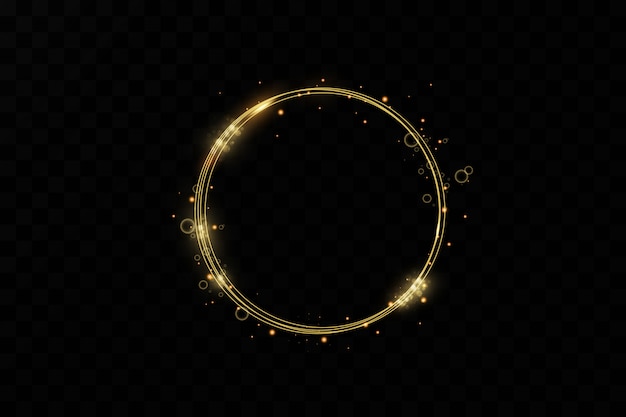 Golden frame with lights effects. Shining circle. Isolated on black transparent background