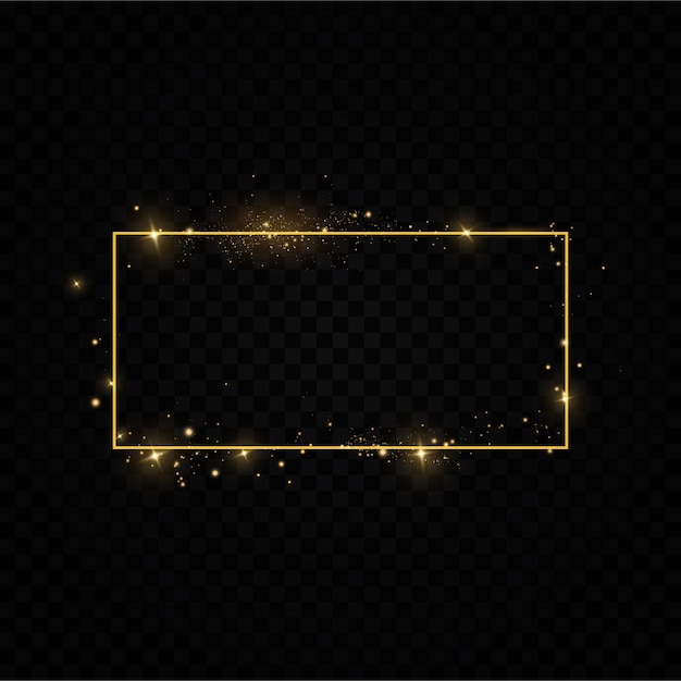Golden frame with lights effects. Shining rectangle banner. Isolated on black transparent background. , 