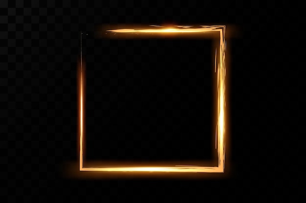 Golden frame with lights effects. Shining rectangle banner. Isolated on black transparent