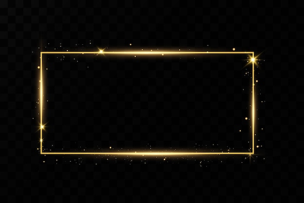 Золотая рамка со световыми эффектами. сияющий прямоугольный баннер. изолированный на черном прозрачном бэкграунде