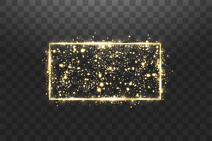 Vector golden frame with lights effects. shining rectangle banner. isolated on transparent background.