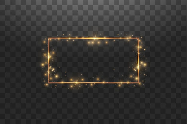 Golden frame with lights effects. Shining rectangle banner. Isolated