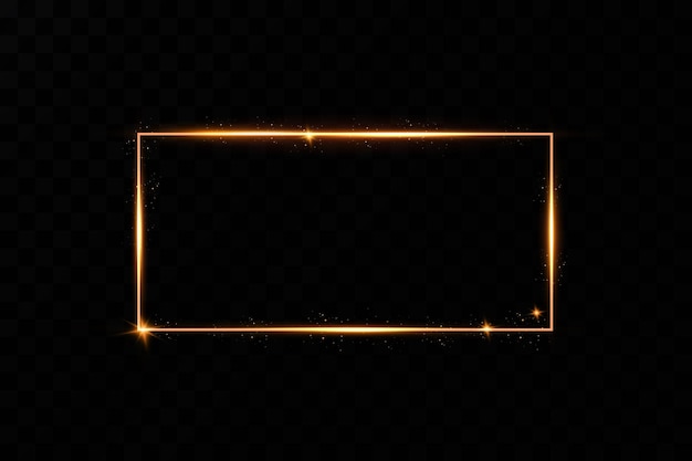 Vector golden frame with lights effects. shining rectangle banner.