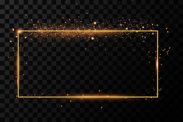 Vector golden frame with lights effects. shining rectangle. isolated on black transparent background.  ,