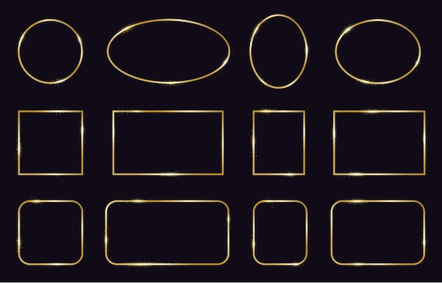 Vector golden frames. modern gold geometric frames, elegant gold glowing borders. decorative, modern lines frame   icons set. square and oval shape, wedding template frame illustration