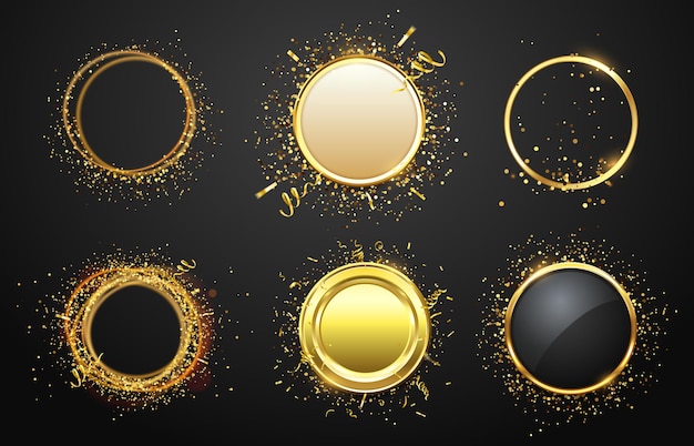 Golden frames with confetti. glaring and shining borders in luxury style. empty space for text. modern circle frame with gold tapes isolated set for advertisement vector illustration