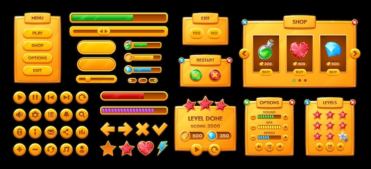 Vector golden game interface icons gui buttons panels