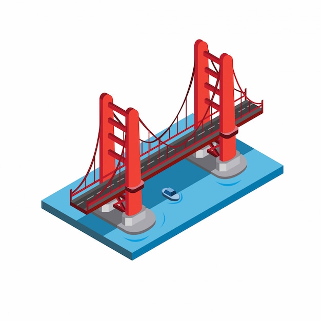 ゴールデンゲートブリッジ、サンフランシスコ、ミニチュアランドマークの建物。等尺性フラットスタイルのイラストの下に青いボートと海の赤い橋