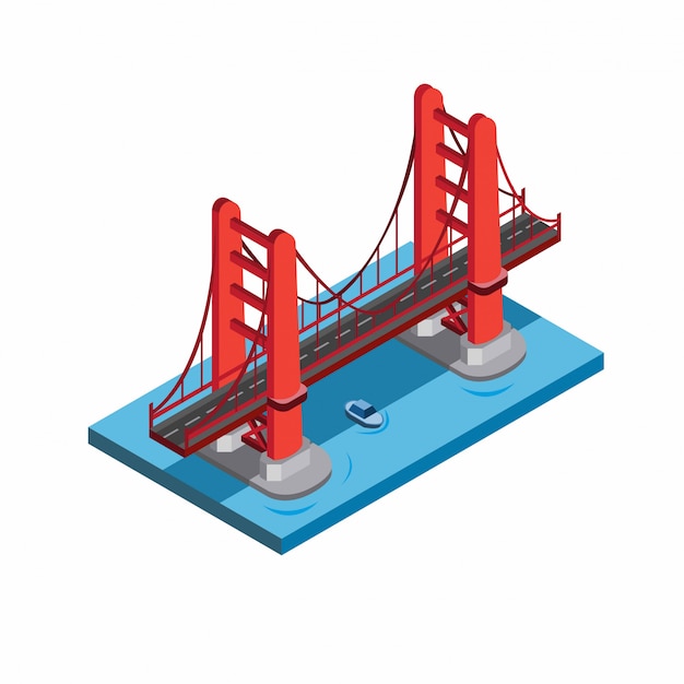 Golden gate bridge, san fransisco, miniature landmark building. red bridge in sea with blue boat underneath illustration in isometric flat style