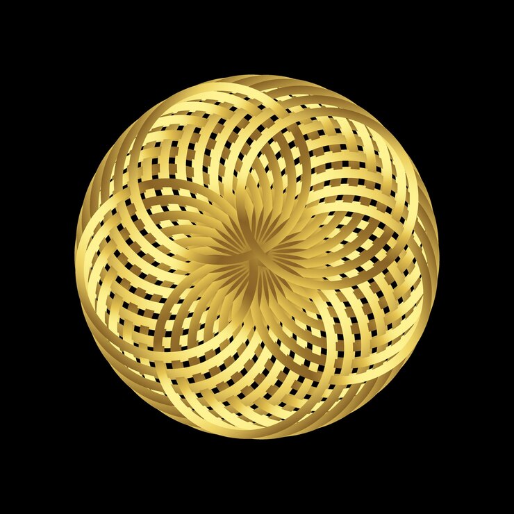 Vector golden geometric abstract design with intricate symmetrical pattern on a black background