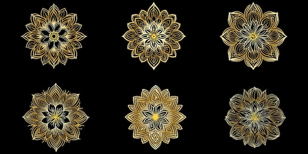 Golden Geometrical Flowers Vector Outline Isolated On White Background Golden Floral Design