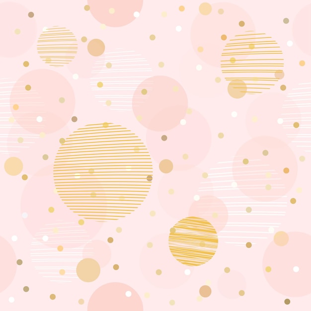 Golden glitter dots abstract pink background pale pink watercolor stains seamless vector pattern