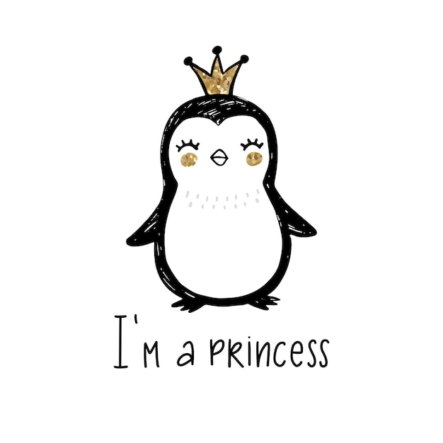 Golden glitter Penguin with crown and lettering - I'm a Princess isolated on white.