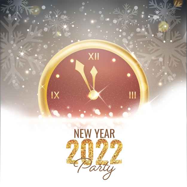 Golden glittering 2022 number with wall clock, snowflakes, light effect on gray and white snowy background.