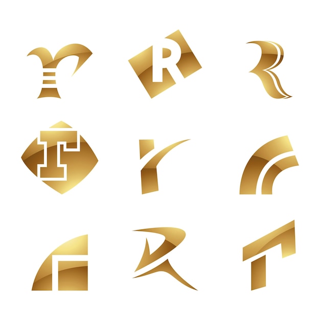 Golden Glossy Letter R Icons on a White Background