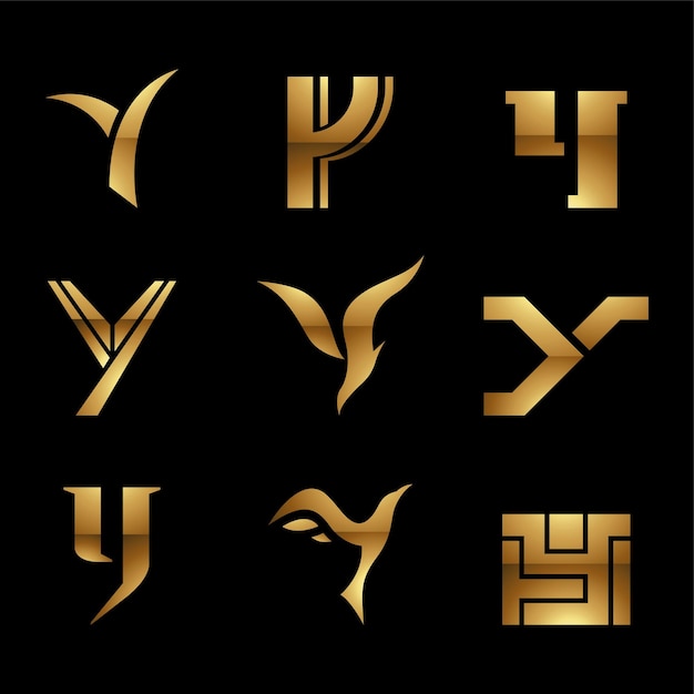 Vector golden glossy letter y icons on a black background