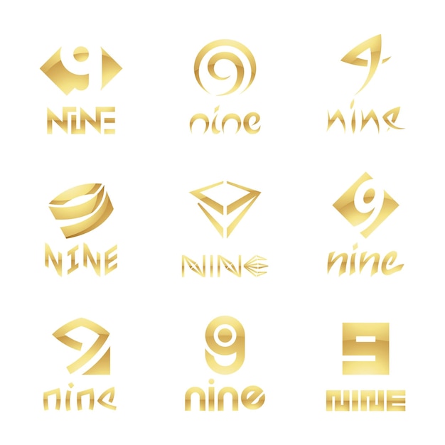 Golden Glossy Number 9 Icons on a White Background