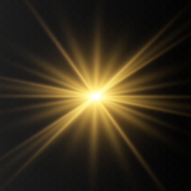 투명 한 배경에 고립 된 황금 빛나는 조명 효과. 광선 및 탐조등으로 태양의 섬광. 글로우 효과. 별이 광채로 터졌다.