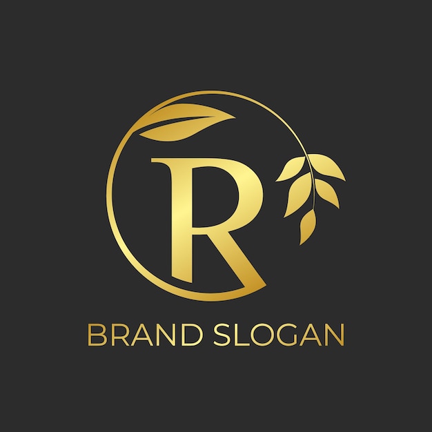 Golden gradient luxury letter R logo brand slogan botanical leaf frame floral logo