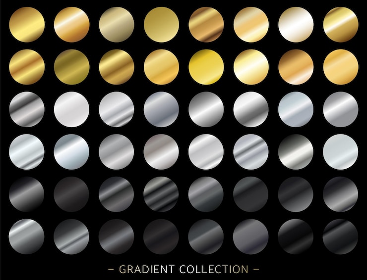 Vector golden gradient, silver and black gradients collection, modern combinations of colors and shades.