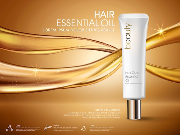 Golden hair oil ads with tube packaging