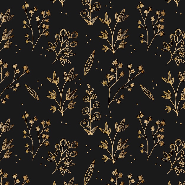 Golden hand drawn floral plants seamless pattern