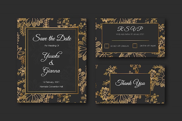 Golden hand drawn floral premium wedding stationery template
